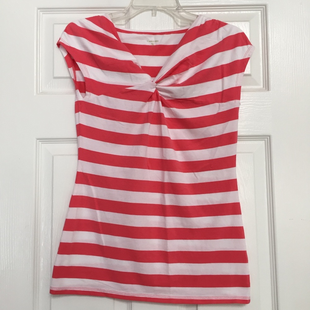 Garnet Hill T-shirt Stripes Twist Neckline cap sleeve coral pink white womens XS
